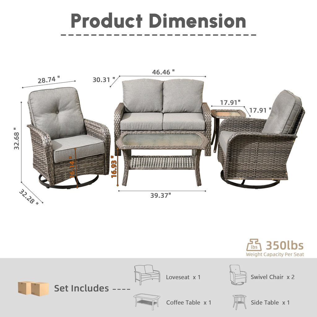 Ovios 5 Pieces Outdoor Patio Furniture Set High Back All Weather Wicker Conversation Set with Swivel Chairs & Coffee Table, Dark Gray