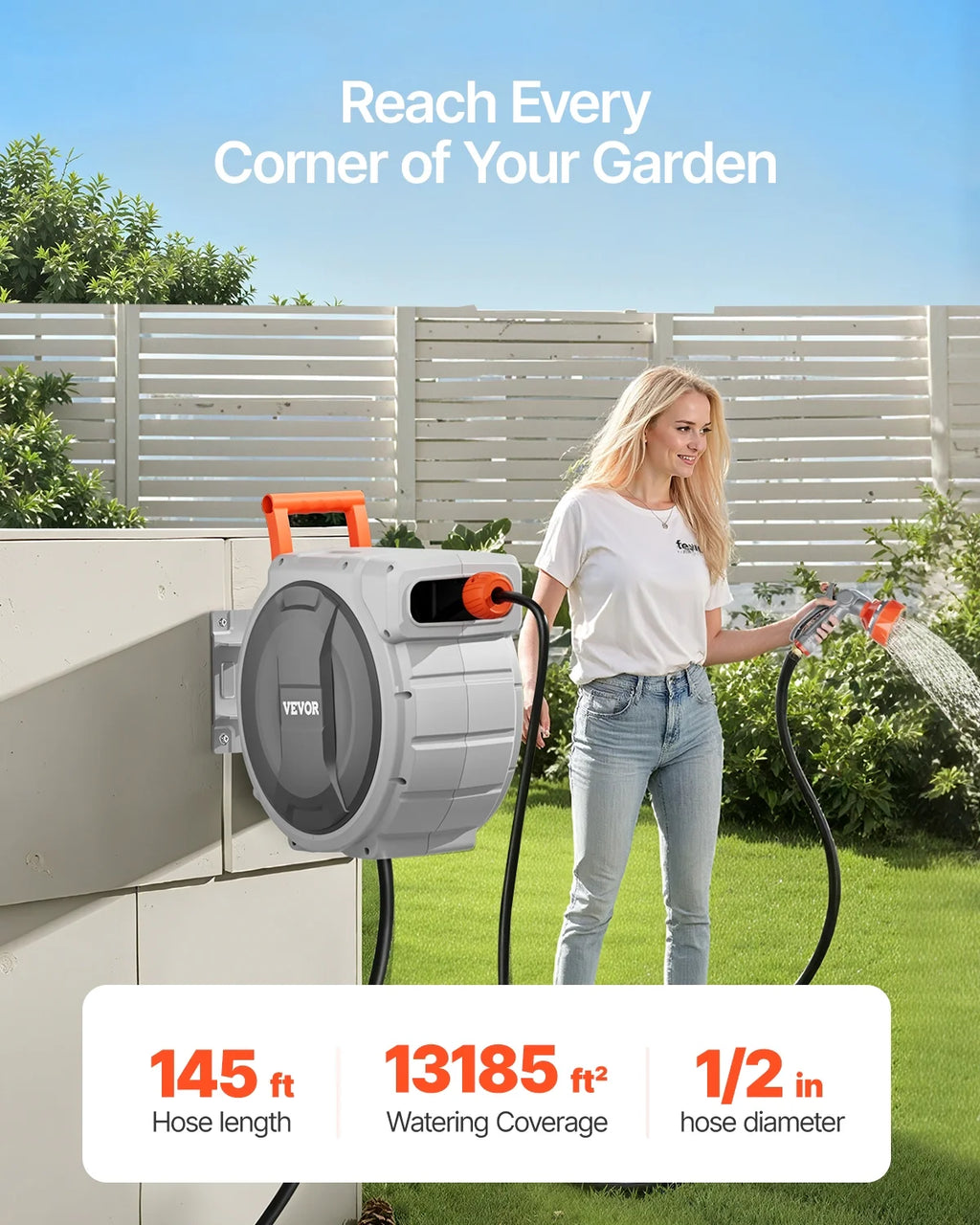 VEVOR Retractable Garden Hose Reel, 1/2 Inch x 145 ft Wall Mounted Hose Reel, Heavy Duty Garden Hose Reel with 9 Patterns Nozzle, Any Length Lock, Upgraded Slow Return System and 180 Swivel Bracket