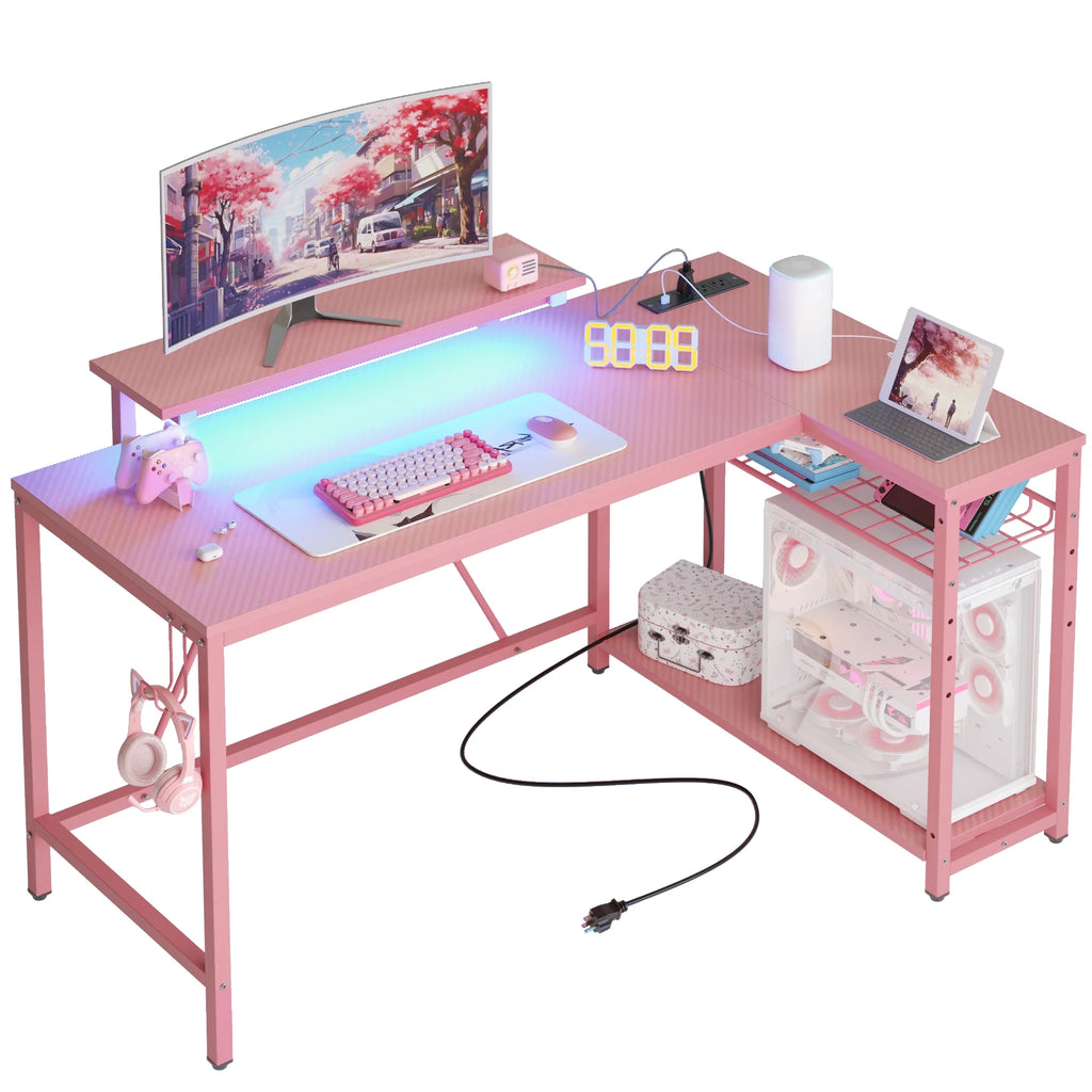 Bestier 52" Gaming Desk with LED Lights L Shaped Desk with Power Outlet & Monitor Stand Corner Computer Desk in Carbon Fiber