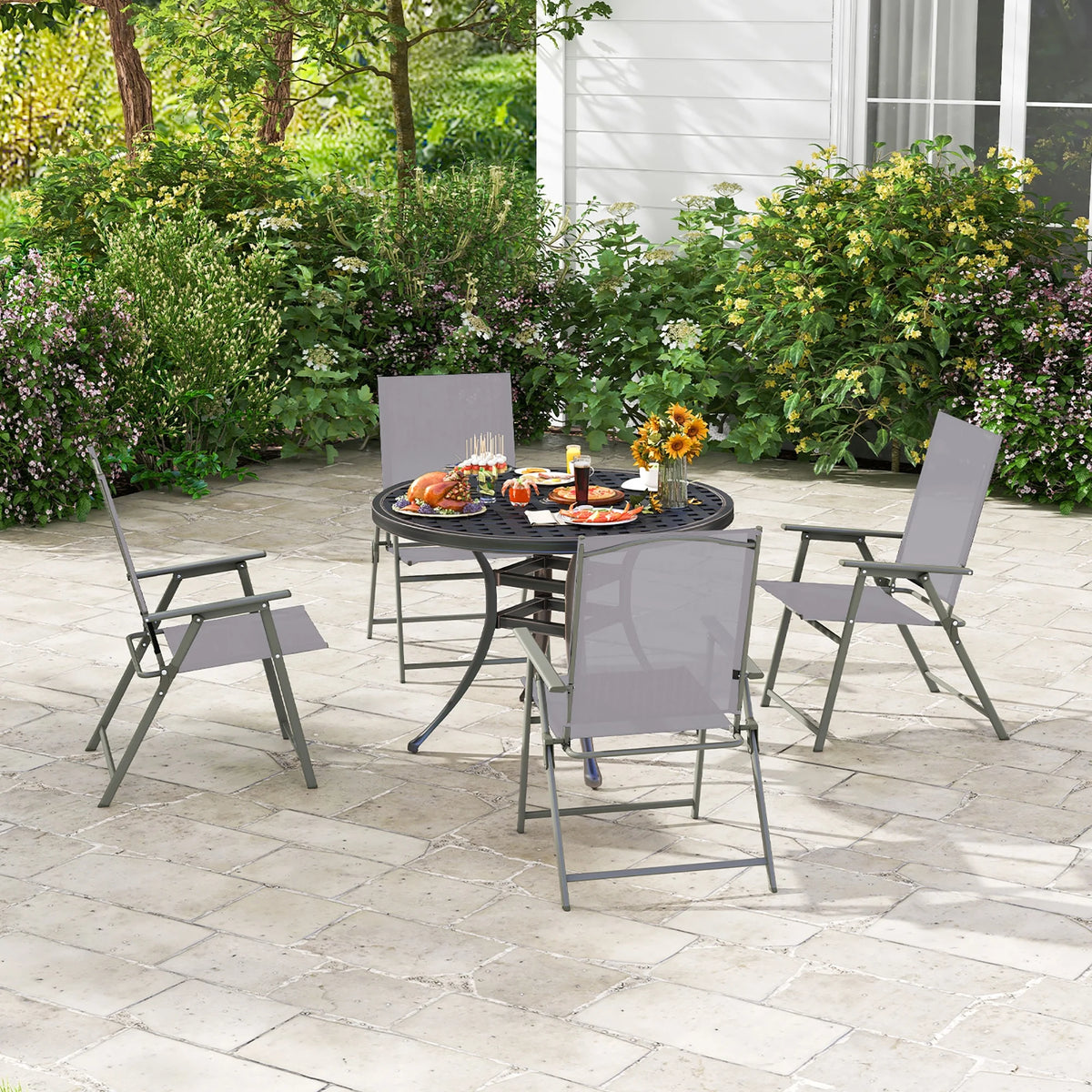 Costway 4pcs Patio Folding Portable Dining Chairs Metal Frame Armrests Garden Black
