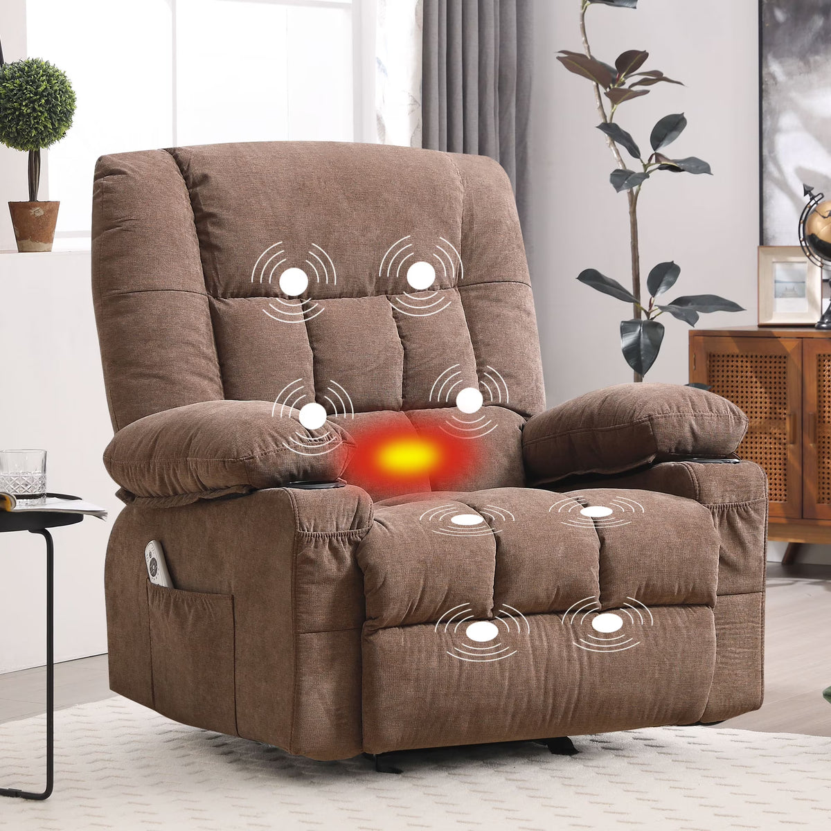 JONPONY Massage Swivel Rocker Recliner Chair with Vibration Massage and Heat Ergonomic Lounge Chair for Living Room with Rocking Function and Side Pocket, 2 Cup Holders, USB Charge Port,Grey