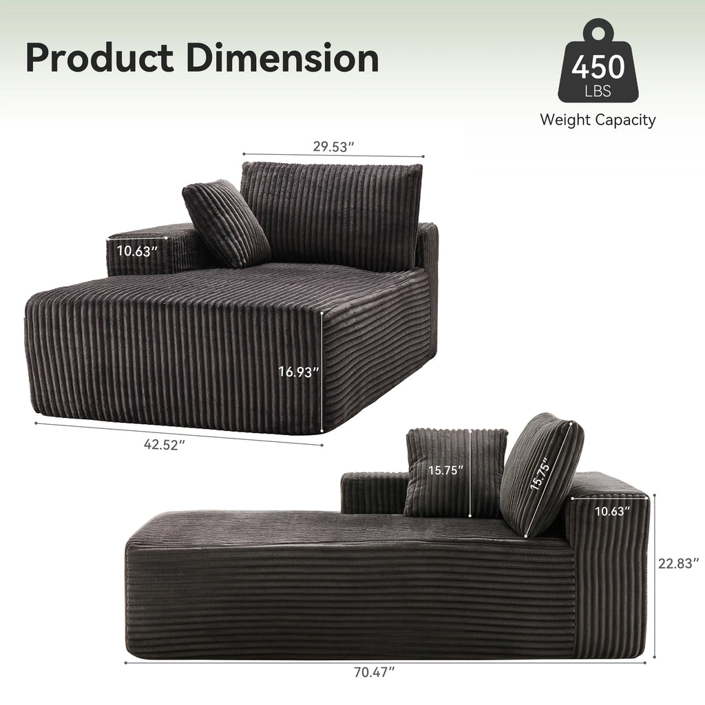 LUMIHO Chaise Lounge Chair Indoor, 42" Sleeper Chair with Two Throw Pillows and Armrests, Corduroy Chaise Couch Chair with Ottoman for Living Room, Bedroom, Apartment, Green