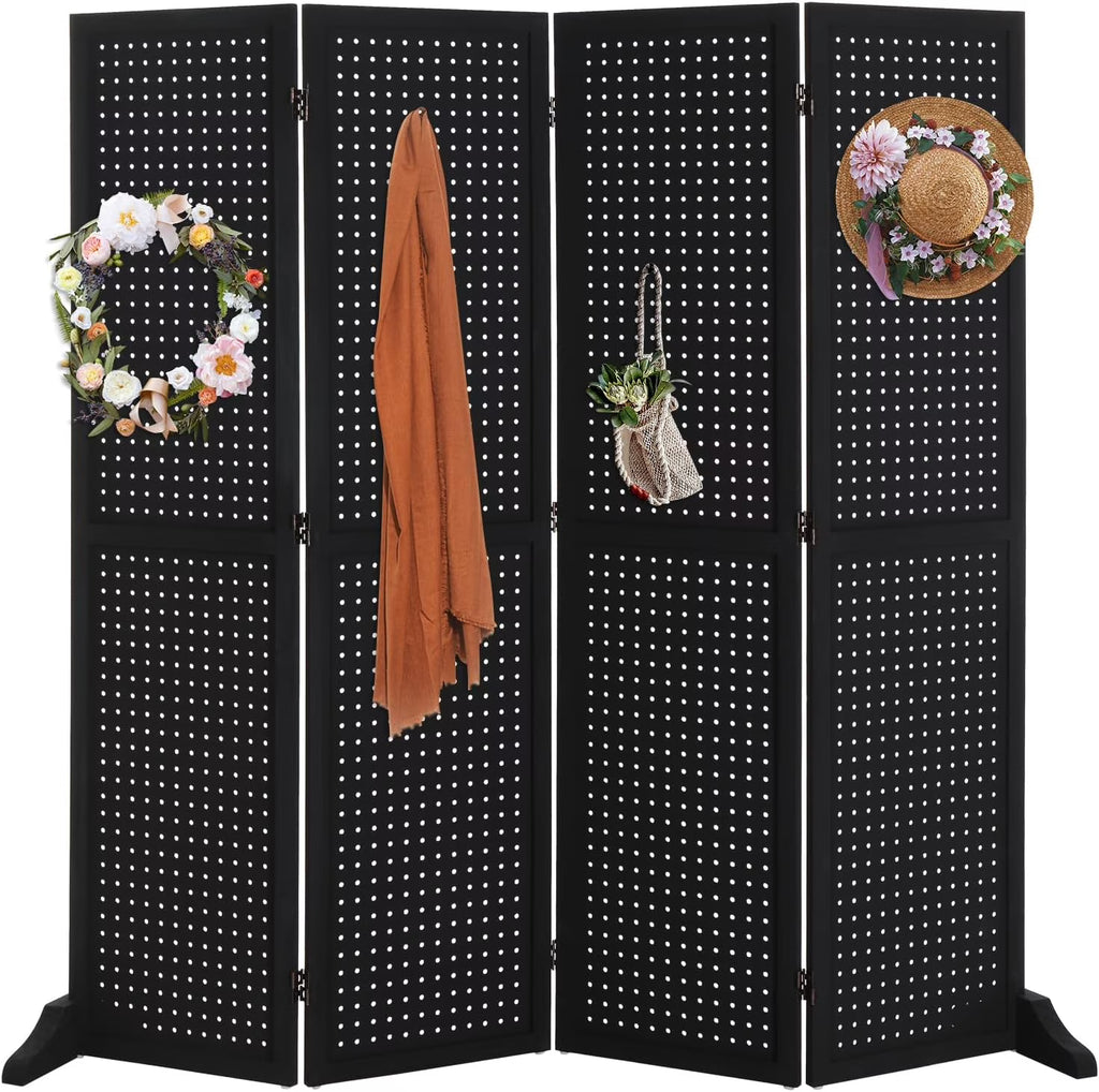Bonnlo 4 Panel Pegboard Freestanding, 5 FT Portable Display for Craft Show Jewelry, Wooden Folding Room Divider