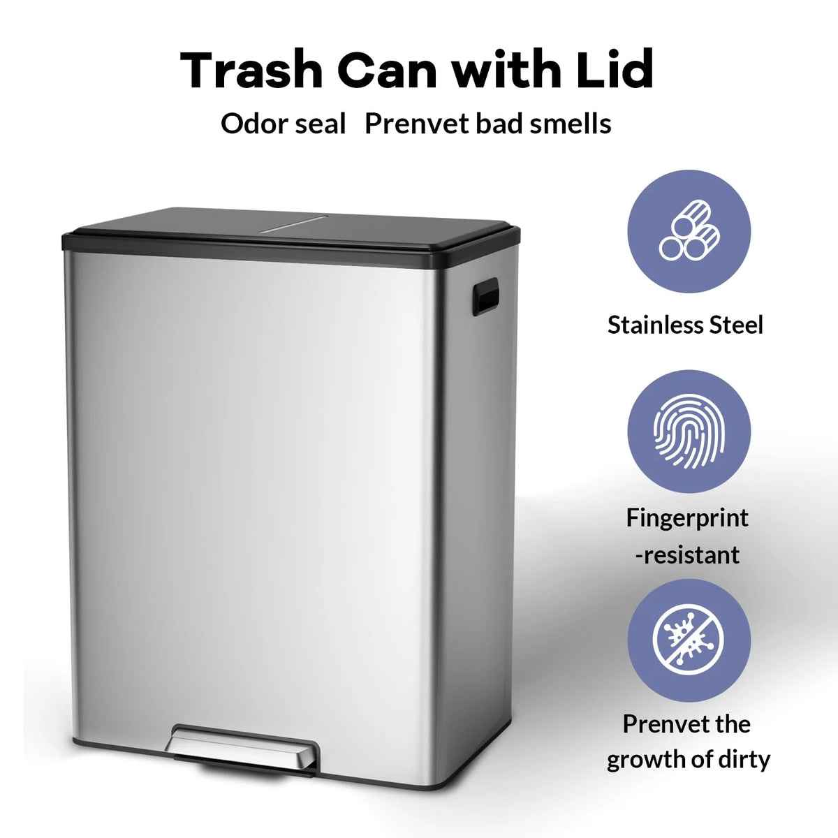 JoanKaren 16 Gallon Stainless Steel Dual Compartment Step Kitchen Trash Can with Lid & 2 Removable Wastebaskets,Kitchen Garbage Can & Recycling Bin,Black