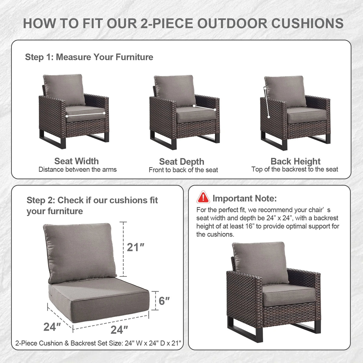 Bellefurn Outdoor Deep Seat Cushion 24 X 24 X 6 inch for Patio Furniture,Outdoor Chair Cushions Waterproof & Fade Resistant Patio Furniture Cushions for Wicker Chair, Sofa, Couch