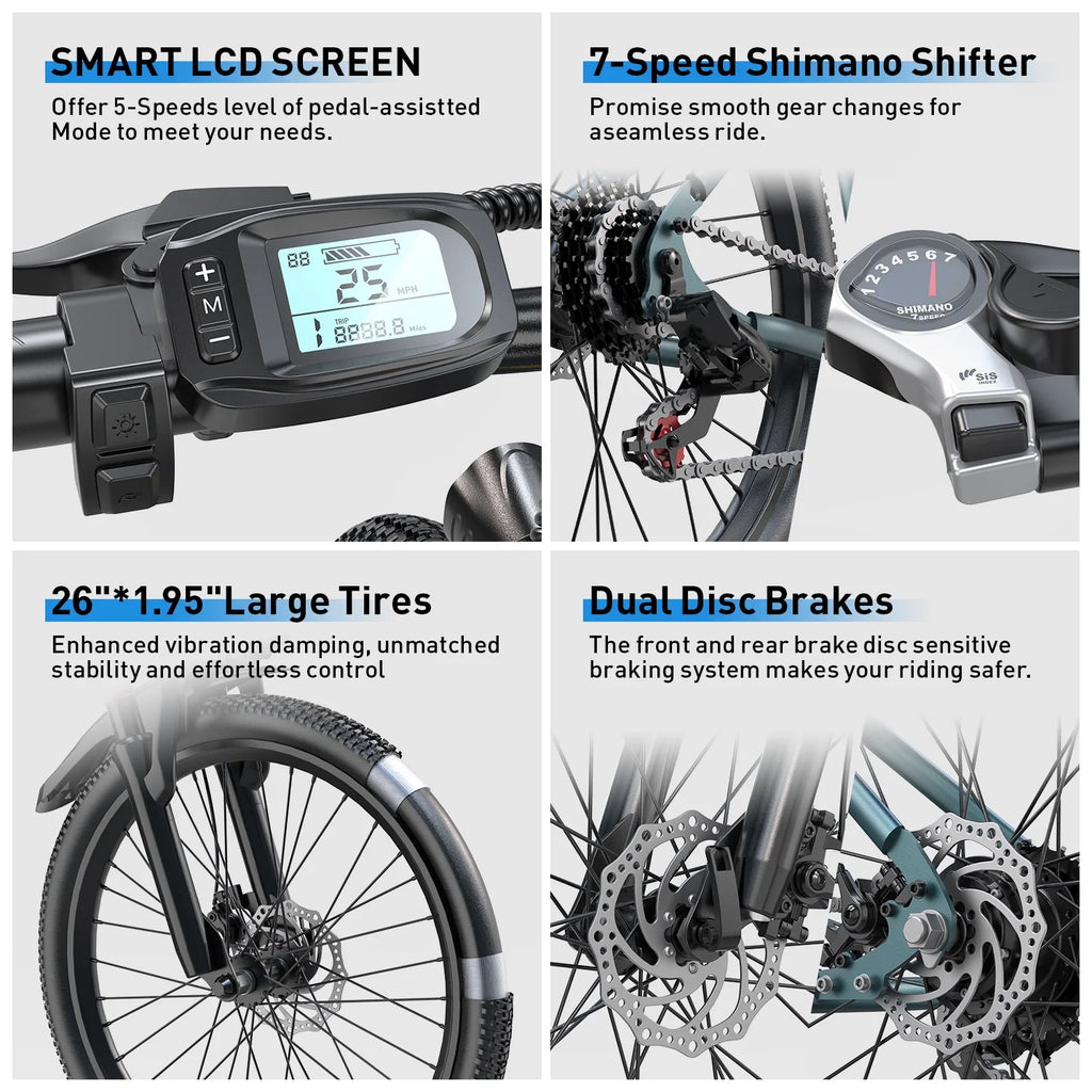 26" Electric Bike for Adult,400W Motor,Top Speed 25MPH,40Miles Long Range,City Commuting E-bicycle With Front Fork Suspension, Dual Disc Brakes