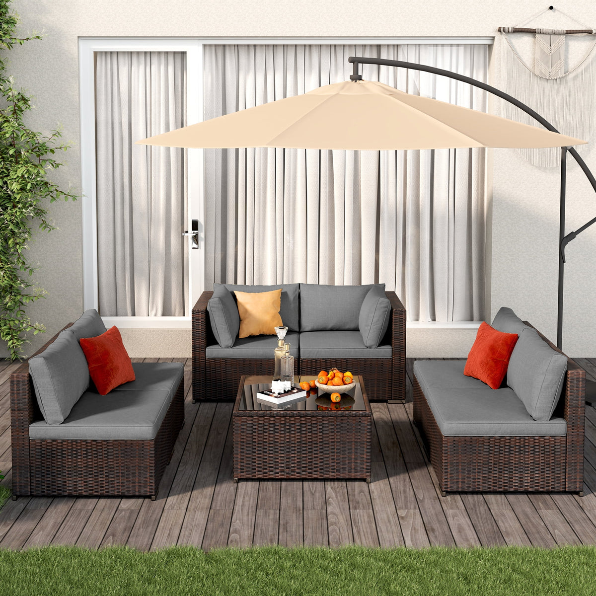 Patio Furniture Set Clearance Lofka Outdoor Sectional Furniture Sofa Set with Tempered Glass Table for Backyard, Garden & Poolside, Gray Cushions