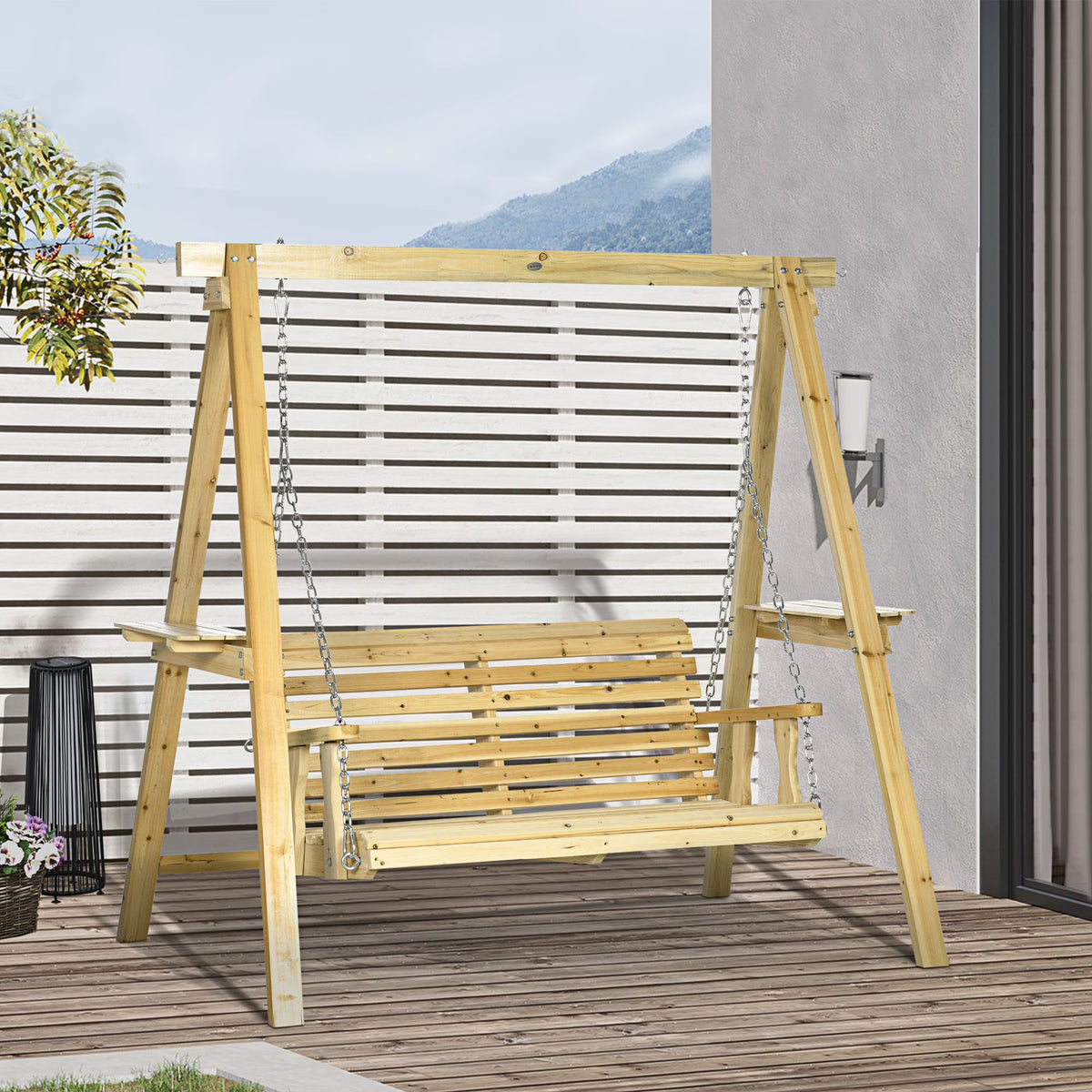 Outsunny 2-Seat Outdoor Swing Chair, Porch Swing with Stand and Side Tables, for Garden, Poolside, Backyard, Natural