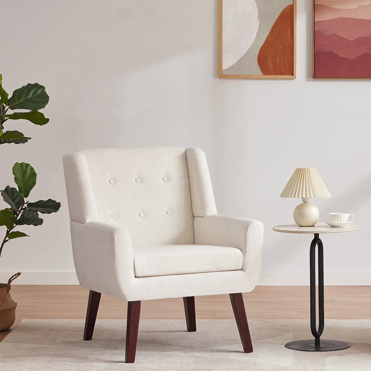 HUIMO  Accent Chair, Button-Tufted Upholstered  Living Room Chairs,  Mid Century Modern Comfy Reading Chairs for Bedroom, Living Room, Beige
