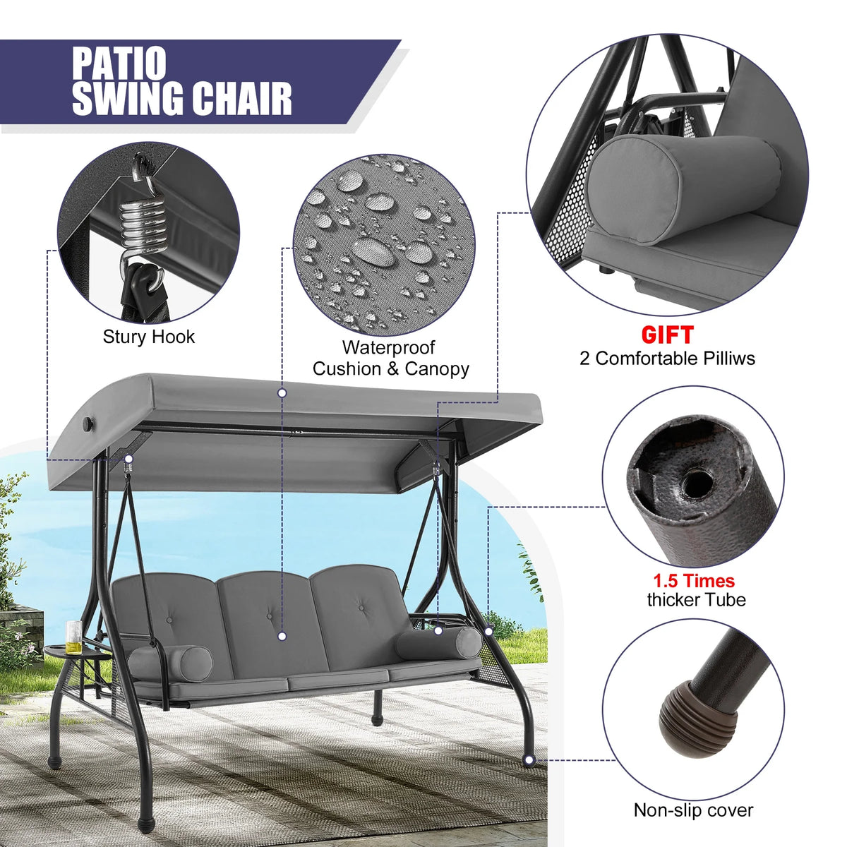 Homrest 3 Seat Outdoor Porch Swing with Adjustable Canopy, Cushions, and Cup Holder - Wine Red