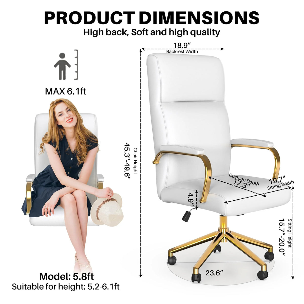 White and Gold Office Desk Chair Memory Foam, High Back Leather Executive Office Chair with Wheels and Arms for Women Girls Teens Adults
