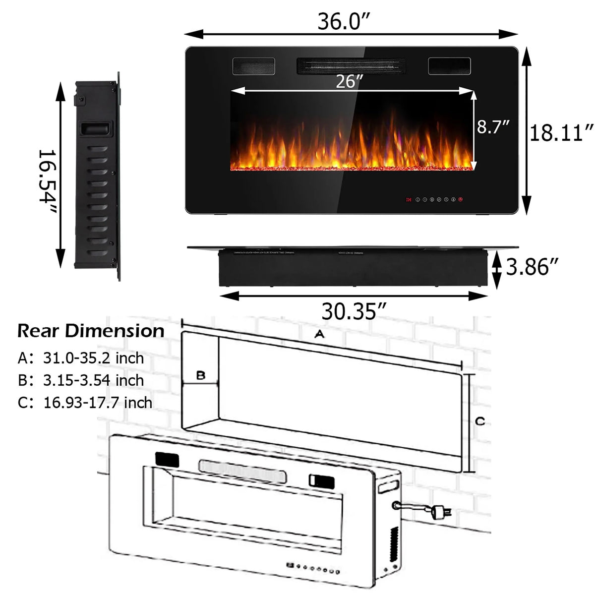 Costway 36'' Electric Fireplace Recessed Ultra Thin Wall-Mounted Heater w/Multicolor Flame