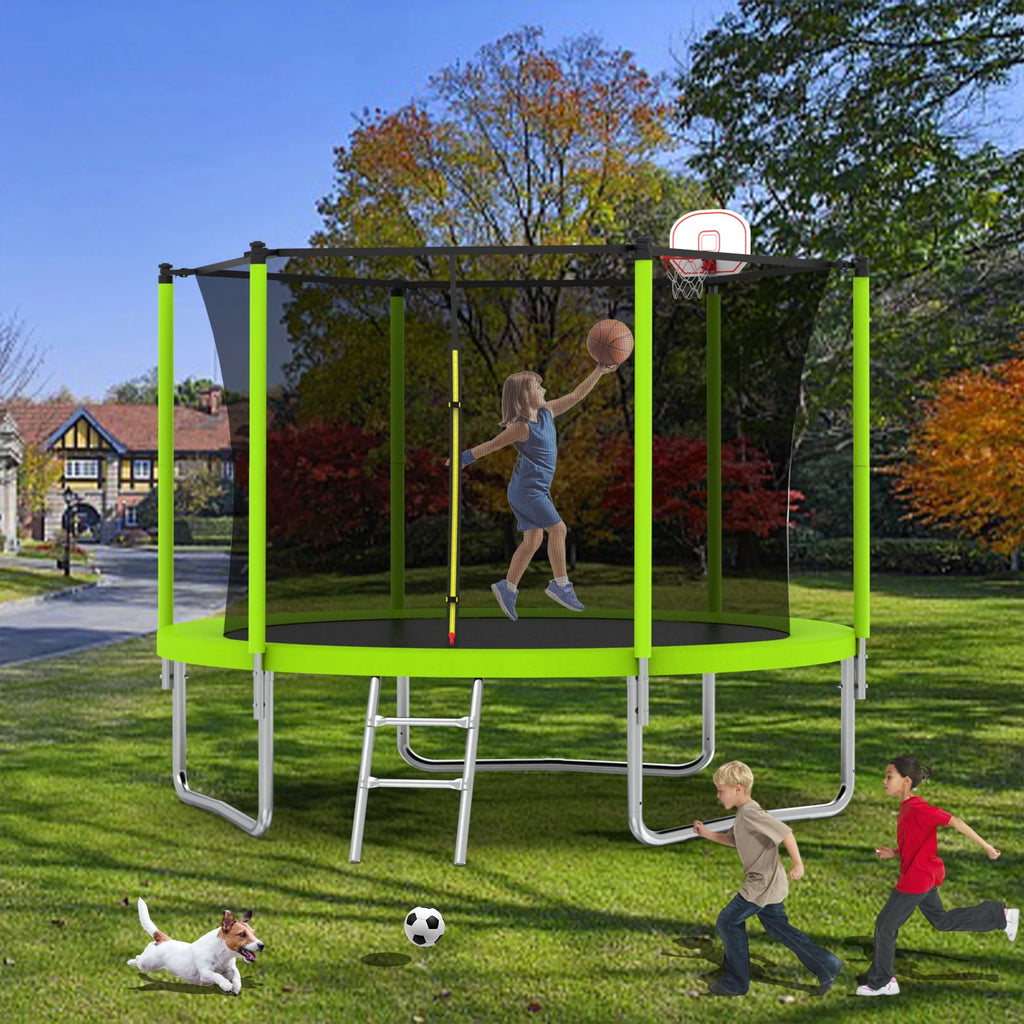 8FT Trampoline for Kids,Outdoor Trampoline with Basketball Hoop,Heavy-Duty Trampoline with Safety Enclosure Net,Blue