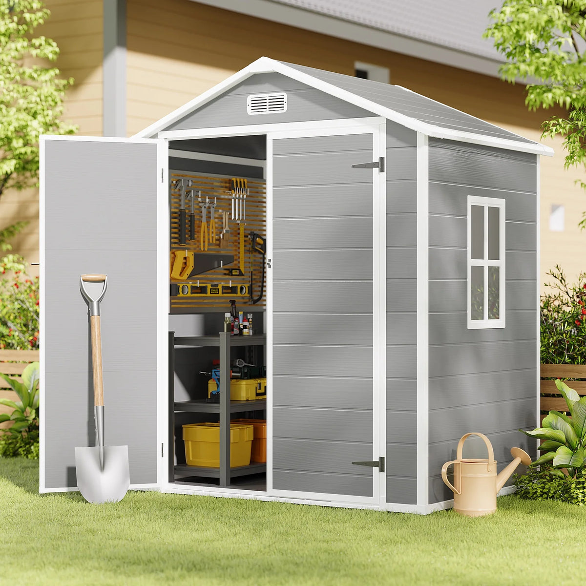 Asofer 6x4 FT Resin Storage Shed, Plastic Outdoor Shed with Floor Side Window, Lockable Door for Backyard, Garden, Patio, Gray