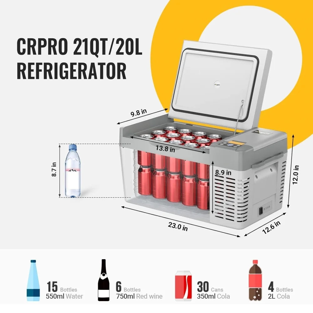 BougeRV Portable Car Refrigerator CRPRO 21 Qt, 12 Volt Fridge Compressor Freezer with -8 ~50 Cooling Range, 12V/24 DC & 110-240 AC for RV Truck Vehicle Boat Outdoor & Home Use Black