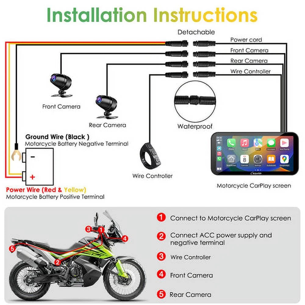 Carpuride W603D Wireless Portable Carplay A-Auto Waterproof IP67 Motorcycle Stereo HD Dual Cameras