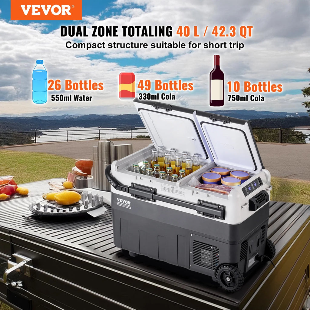 KFFKFF Mobile Car Cooler, 12V Vehicle Fridge, 40L / 42.3 qt Two-Section Portable Freezer, Temperature Range -4℉ to 68℉, Compressor-Based Cooling System for Home, Outdoors, Camping, RV, Automobile