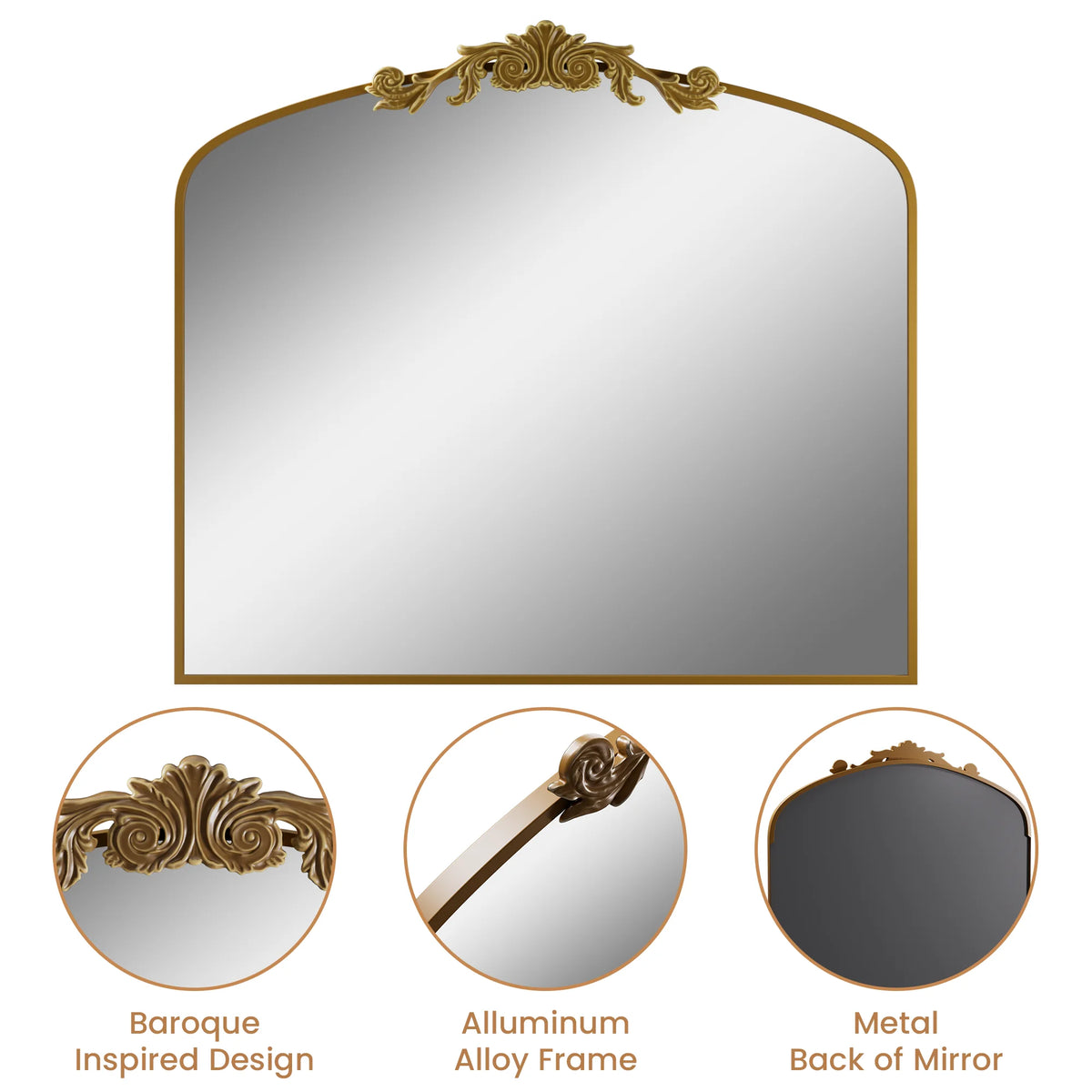 Swafrrt 28x20 inch Gold Arch Mirror, Vintage Lace Wall Mirror, Aluminum Frame, Baroque Gold Lace Bathroom Mirror, Suitable for Wall, Tempered Glass, Can Hung Vertically or Tilted