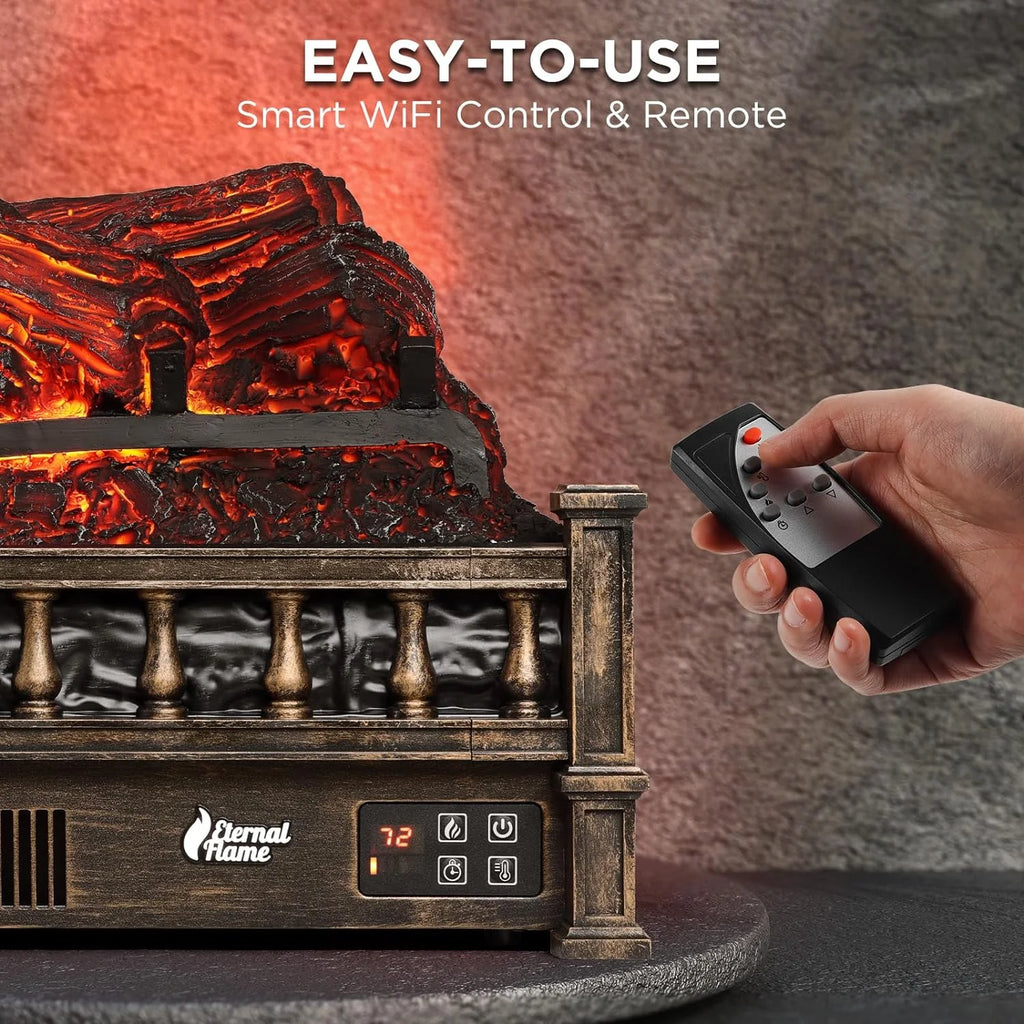 TURBRO Eternal Flame Infrared Electric Fireplace Logs, 23" Remote Control Fireplace Insert Log Heater, Realistic Lemonwood Ember Bed, Thermostat, Timer, 1500W Black