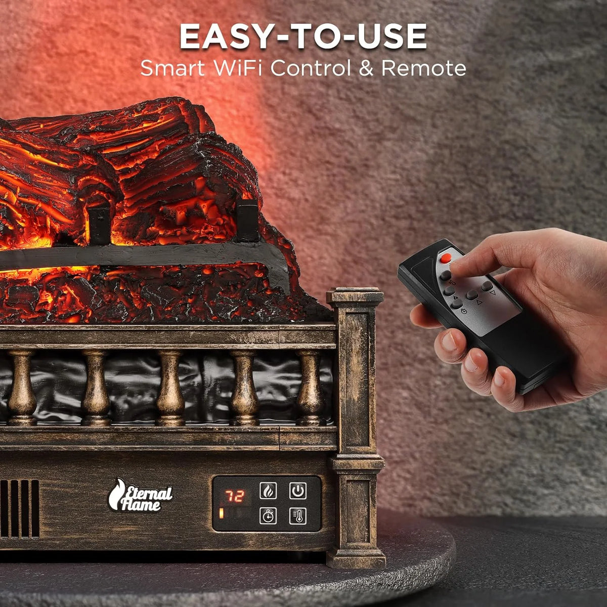 TURBRO Eternal Flame Infrared Electric Fireplace Logs, 23" Remote Control Fireplace Insert Log Heater, Realistic Lemonwood Ember Bed, Thermostat, Timer, 1500W Black
