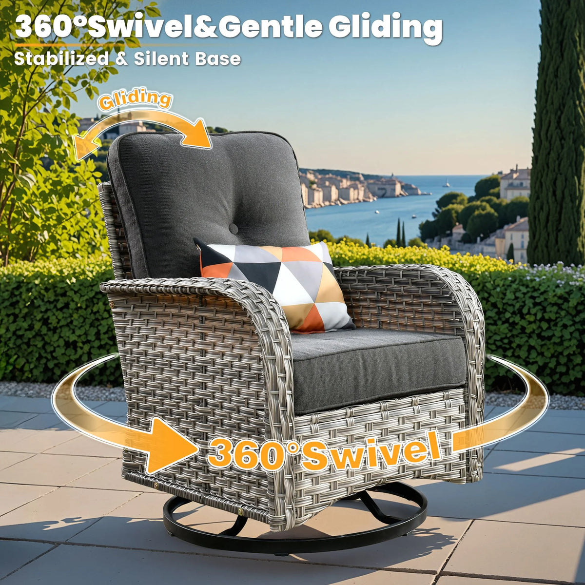 Vcatnet Outdoor Patio Furniture Sets 10 Pieces Sectional Sofa Wicker Conversation Set with Swivel Glider Chairs and Solar Powered Coffee Table for Porch,Backyard,Gray