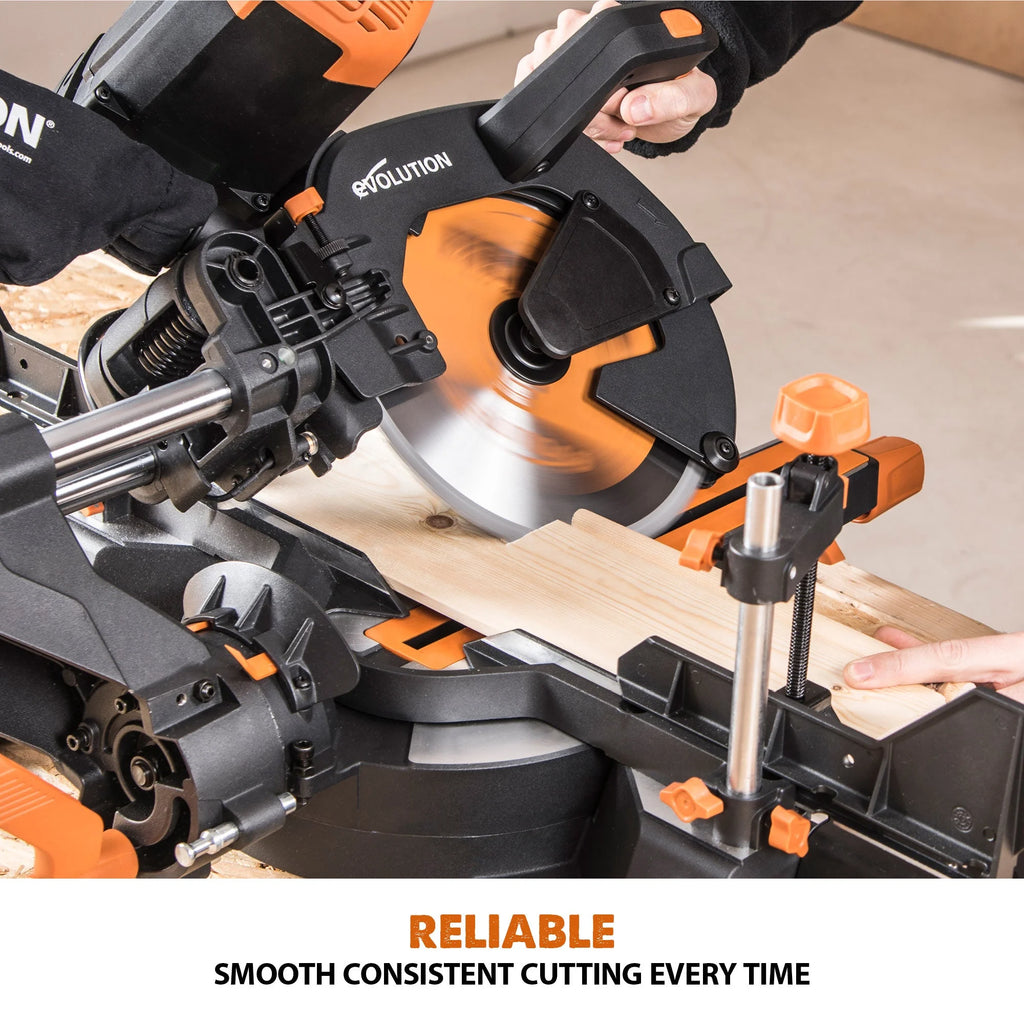 Evolution R255SMS-DB+: Dual Bevel Sliding Miter Saw With 10 in. Multi-Material Cutting Blade