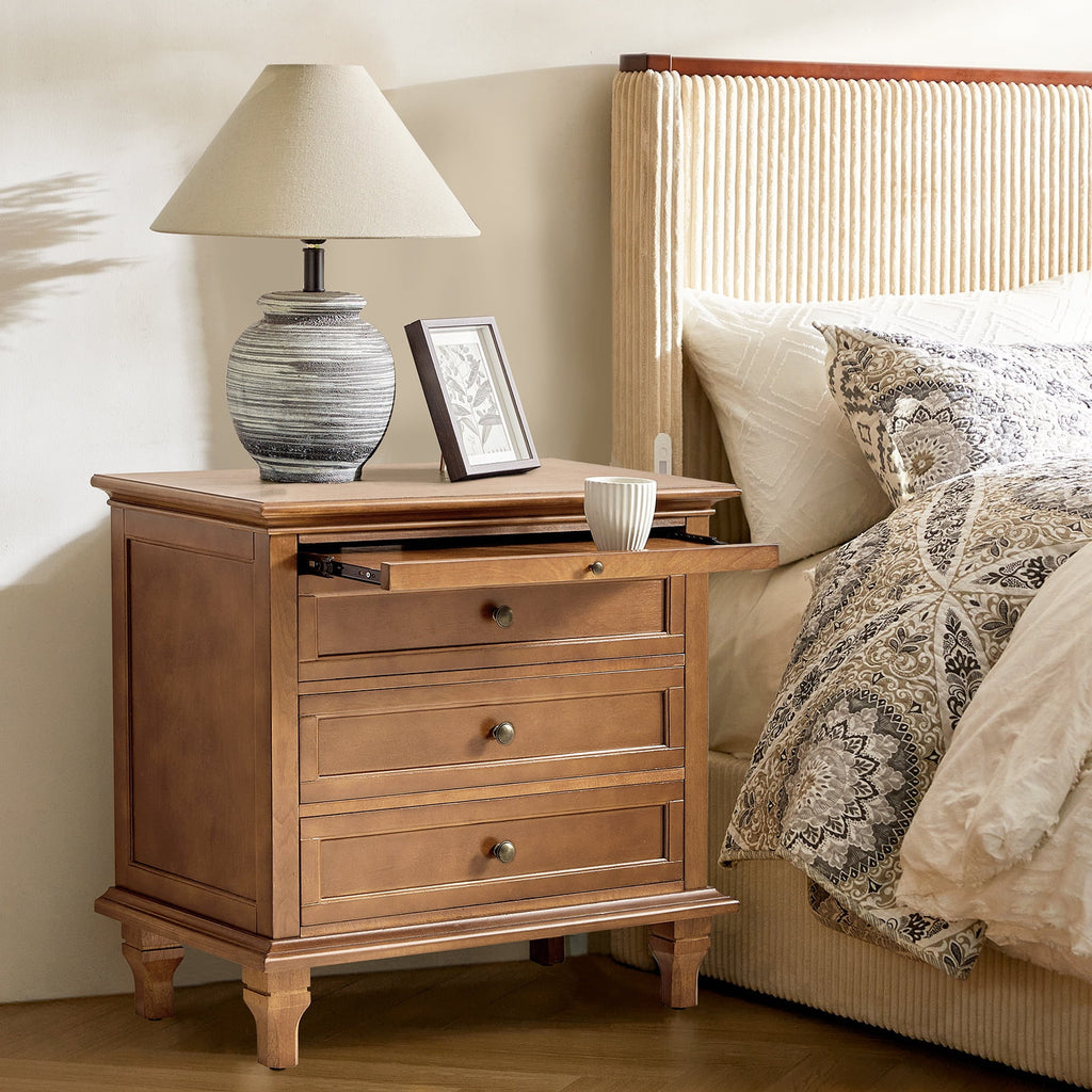 Farmhouse 3 Drawers Nightstand with Tray Bedside Table with Charging Station Acorn
