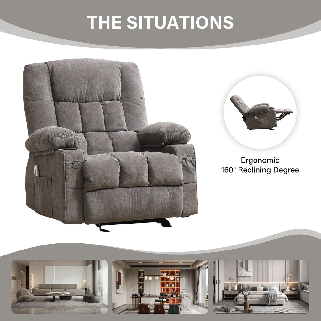 JONPONY Massage Swivel Rocker Recliner Chair with Vibration Massage and Heat Ergonomic Lounge Chair for Living Room with Rocking Function and Side Pocket, 2 Cup Holders, USB Charge Port,Grey