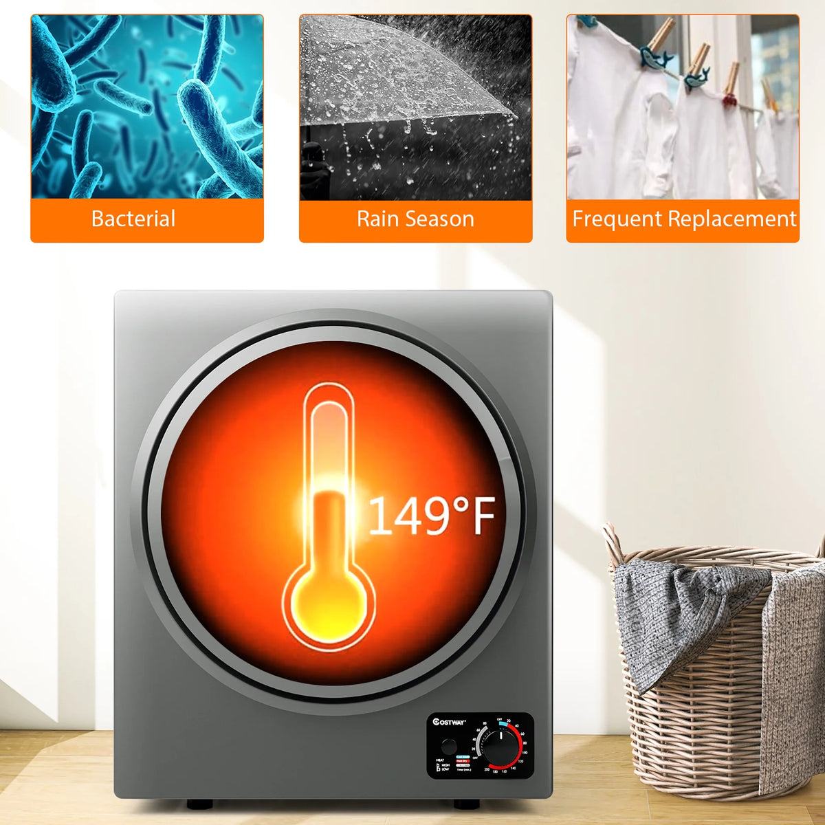 Costway Electric Tumble Compact Laundry Dryer Stainless Steel Wall Mounted 1.5 cu .ft.