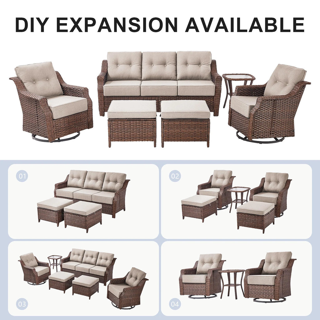 Bellefurn Outdoor Patio Furniture Set with Fire Pit and Swivel Rocker Chair,High-Back Wicker Outdoor Conversation Sets with 3 Seater Couch and Side Table Set for Porch,Deck,Garden