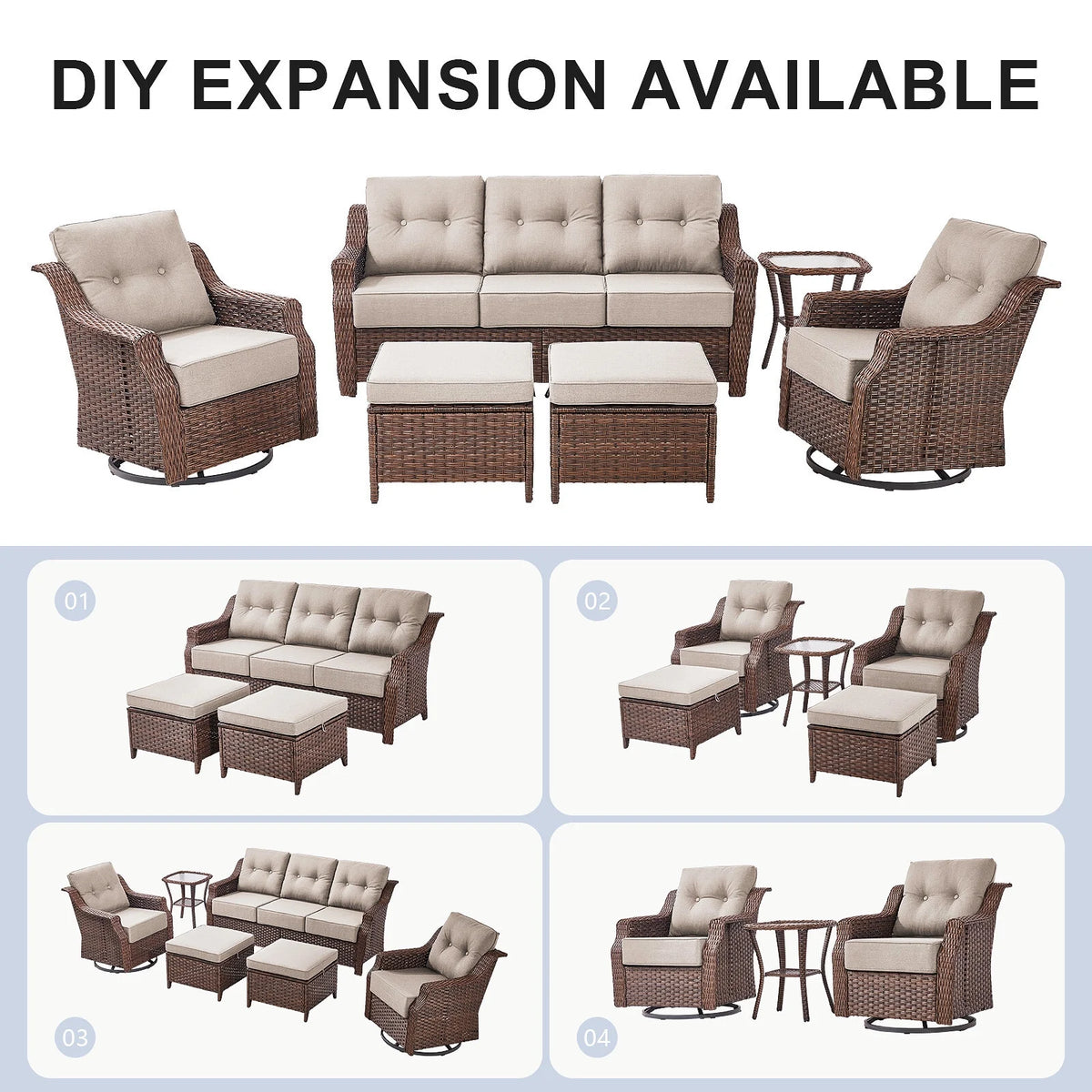 Bellefurn Outdoor Patio Furniture Set with Fire Pit and Swivel Rocker Chair,High-Back Wicker Outdoor Conversation Sets with 3 Seater Couch and Side Table Set for Porch,Deck,Garden