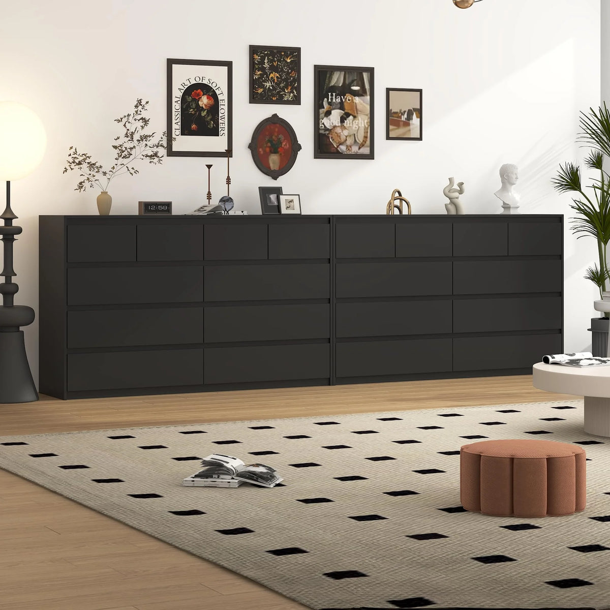 ChVans Black 9 Drawers Dresser with Charging Station, 63" Long Modern Dresser with 9 Drawers for Bedroom, Large Wood Chest of Drawers Handle Free, Dresser for Bedroom, Living Room, Hallway