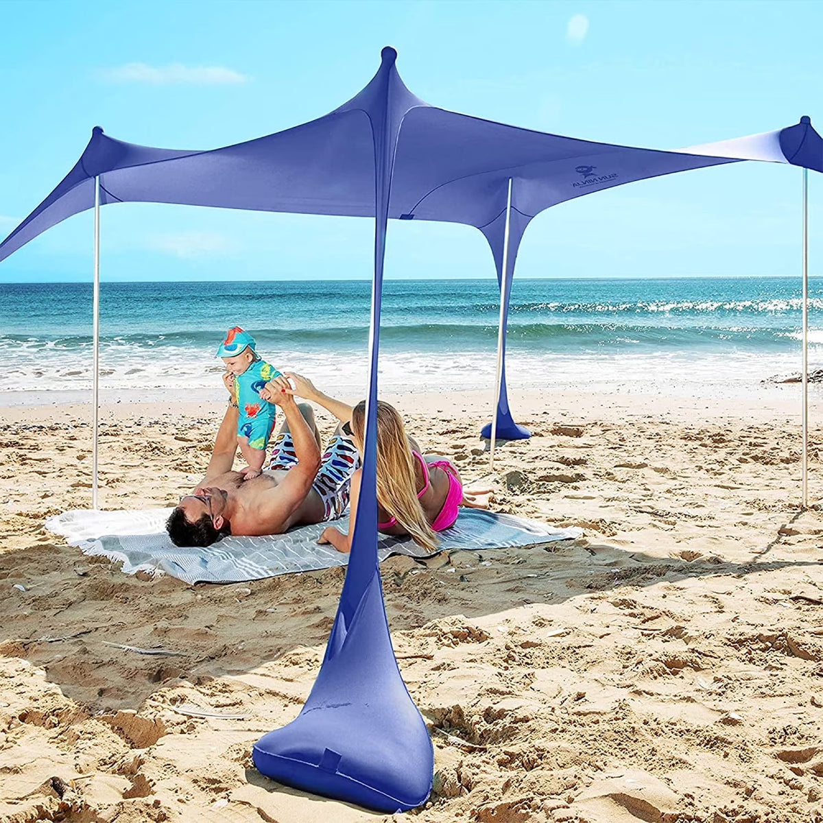 SUN NINJA 10x10.5 FT Pop-Up Beach Tent with Sand Shovel, Pegs & Stability Poles Navy Blue Sun Shelter for Beach, Camping & Outdoor Activities