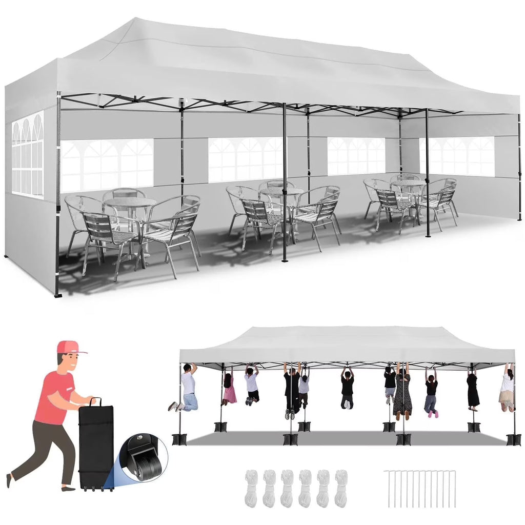 HOTEEL 10'x30' Canopy Heavy Duty Pop Up Canopy Tent Outdoor Gazebo Shelter Waterproof Instant Commercial Tent with 8 Removable Sidewalls & 8 Sandbags & Roller Bag,White