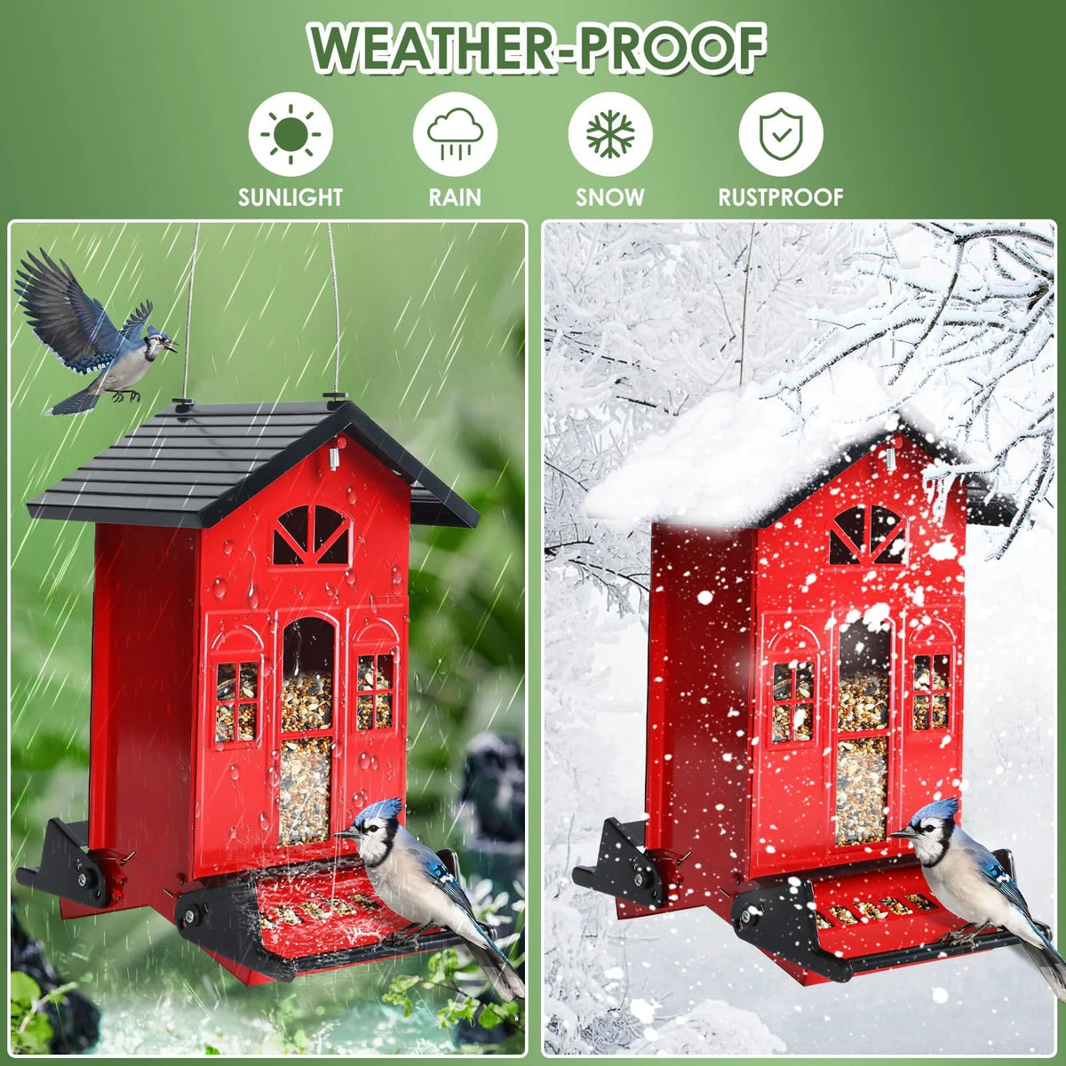 Birdkiss 5lbs Squirrel-Proof Wild Bird Feeder with Bilateral Weight-Activated Perches, 14 Feeding Ports, Outdoor Bird Feeder for Garden Yard Outside, Red