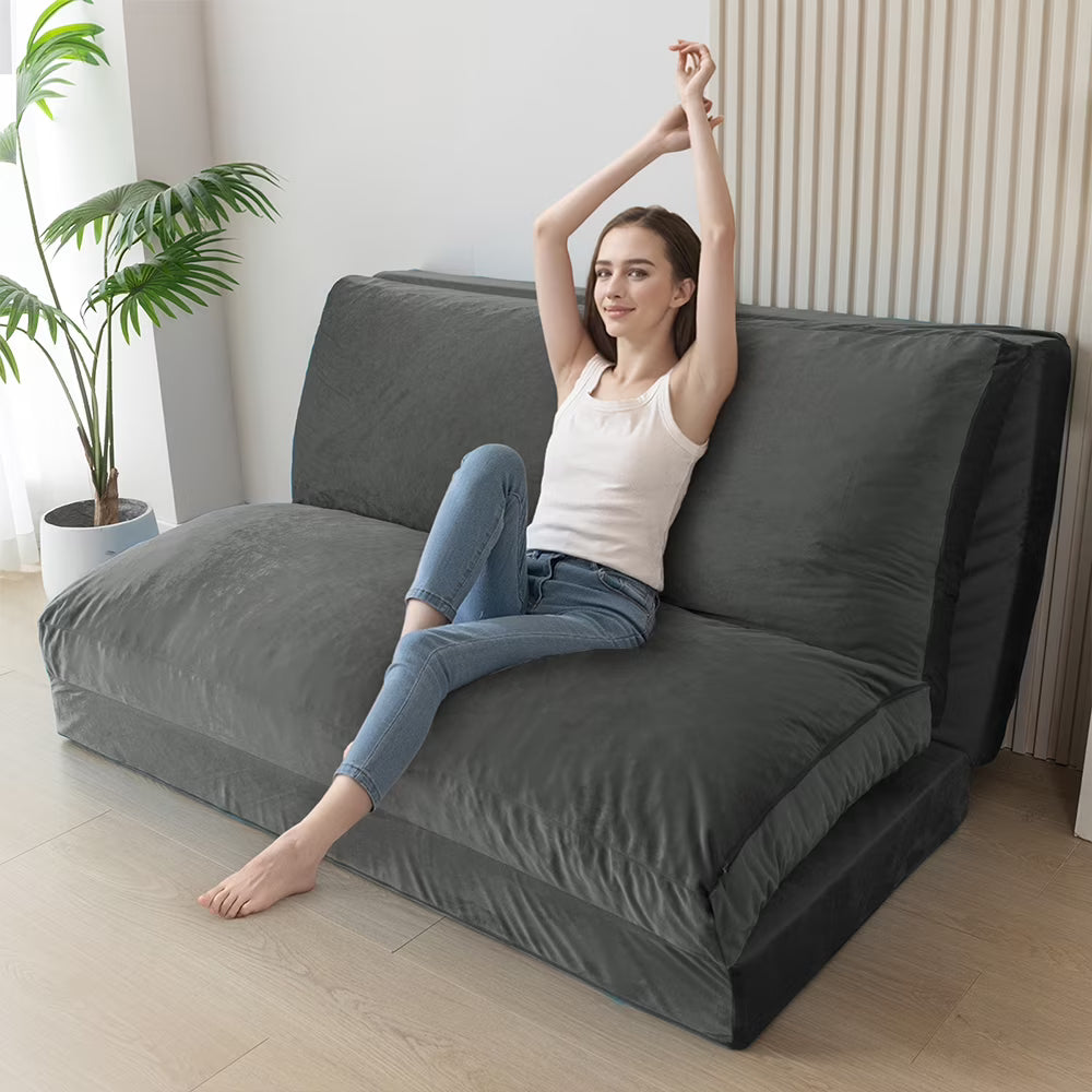 Folding Sofa Bed,Extra Thick and Long Fluffy 4 Position Convertible Flip Lounge Chair,Foam Filling Folding Matress Sofa Bean Bag with Washable Cover,Grey,39x95 Inch
