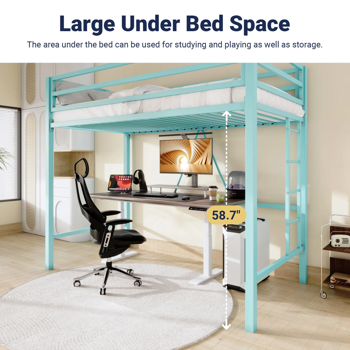 Sifurni Black Heavy Duty Twin Size Metal Loft Bed with Full-Length Guardrail & Removable Stairs