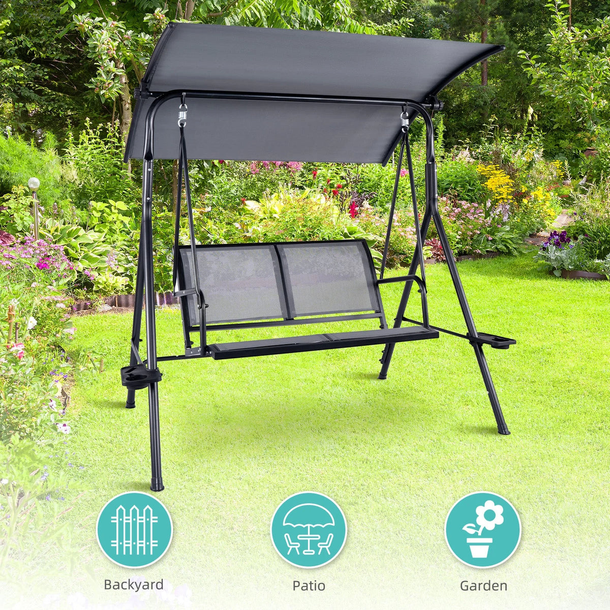 2 Person Patio Swing with Grey Sling Fabric and Black Metal Frame - 450 lbs Weight Capacity