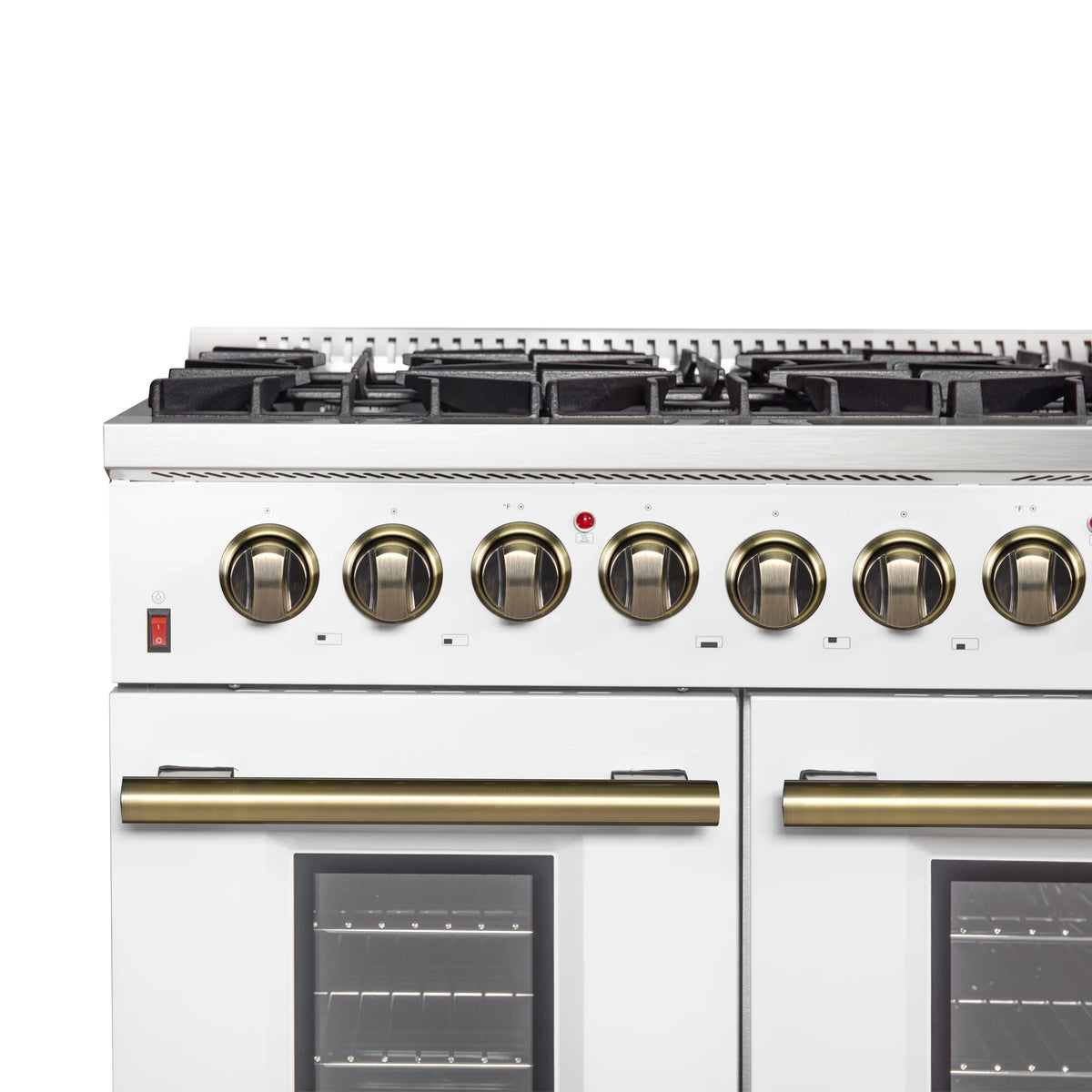 Galiano 48-inch Dual Fuel Range White  Antique Brass Design with 8 Sealed Burners 107,000 BTU, 6.58 cu. ft. double ovens  Griddle