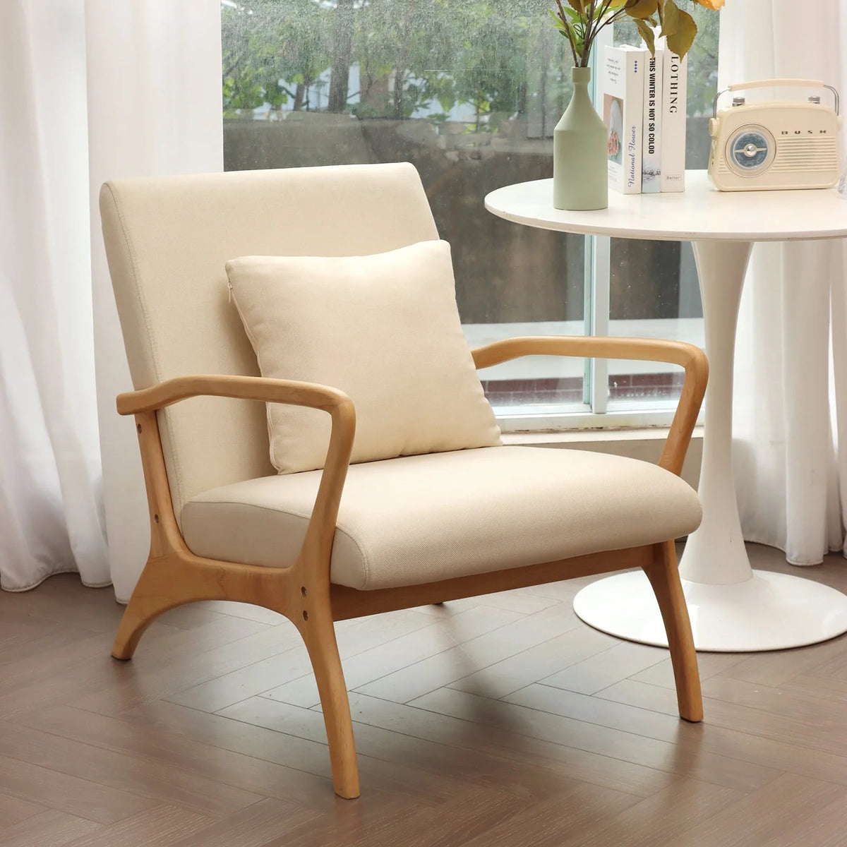 July's Song Mid-Century Modern Accent Chair,Living Room Linen Read Arm Chairs with Cushion,Wood Frame Armchair for Bedroom,Beige