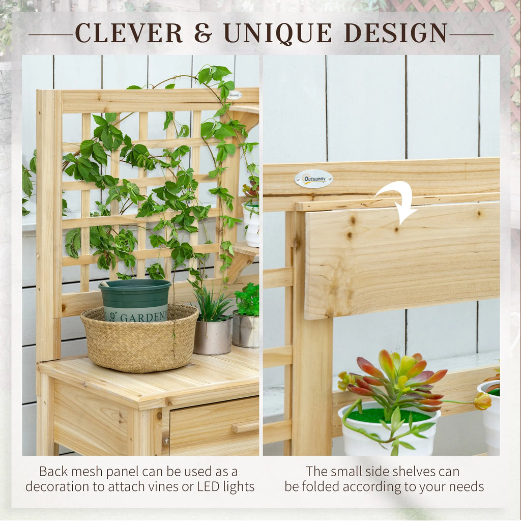 Outsunny Potting Bench Table, Garden Work Bench, Outdoor Wooden Workstation with Tiers of Shelves and Drawer for Patio, Courtyards, Balcony, Grey