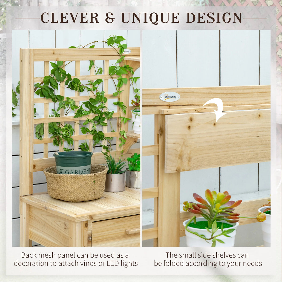 Outsunny Potting Bench Table, Garden Work Bench, Outdoor Wooden Workstation with Tiers of Shelves and Drawer for Patio, Courtyards, Balcony, Grey