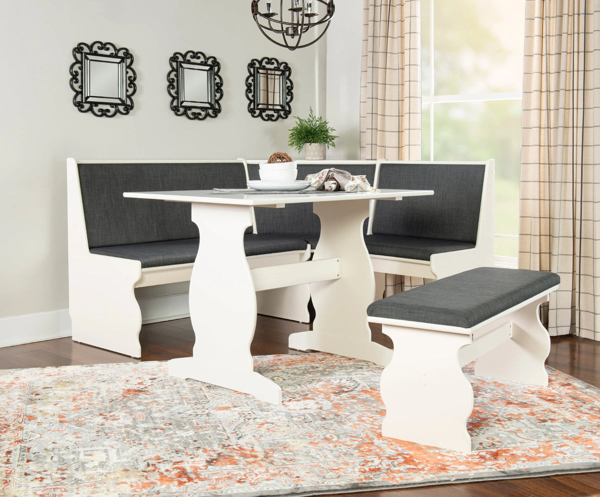 Linon Weston Corner Dining Breakfast Nook with Table and Bench, Seats 5-6, White Finish with Charcoal Fabric