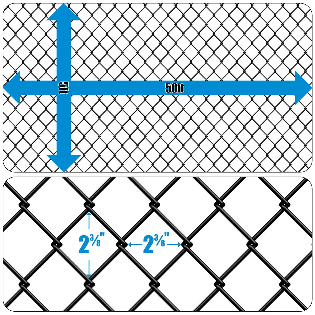 Fencer Wire 9 Gauge Black Vinyl Coated Galvanized Steel Chain Link Fence Fabric, Diamond Mesh Size 2-3/8 Inch, Galvanized&nbsp;Fencing Wire Roll for Garden and Animals Enclosure (6ft. x 50ft.)