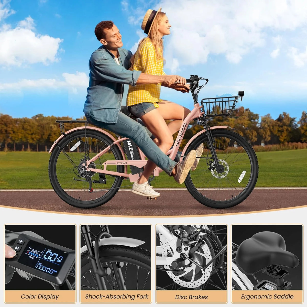 MOONCOOL Electric Bicycle for Adults 350W , 7-Speed Ebike with 36V 10.4Ah Removable Battery， 40 Miles Range , 20 mph Electric Commuter Bike for Women Men, Certified to UL 2849 by SGS