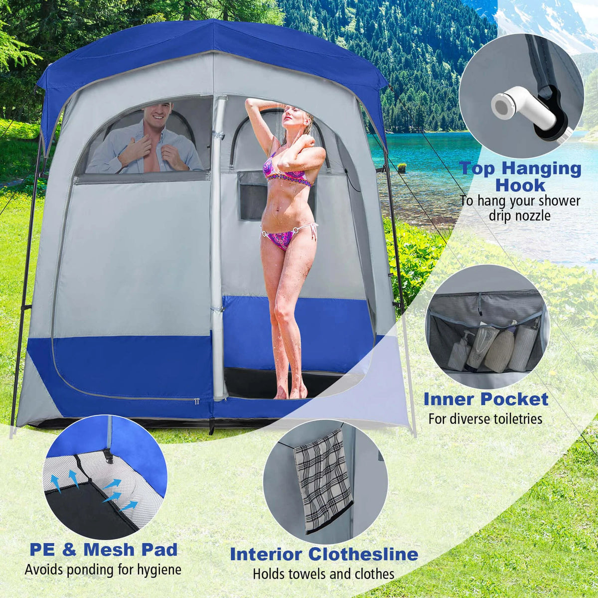Costway 2 Room Shower Tent Oversize Privacy Shelter Portable Dressing Toilet Outdoor Gray