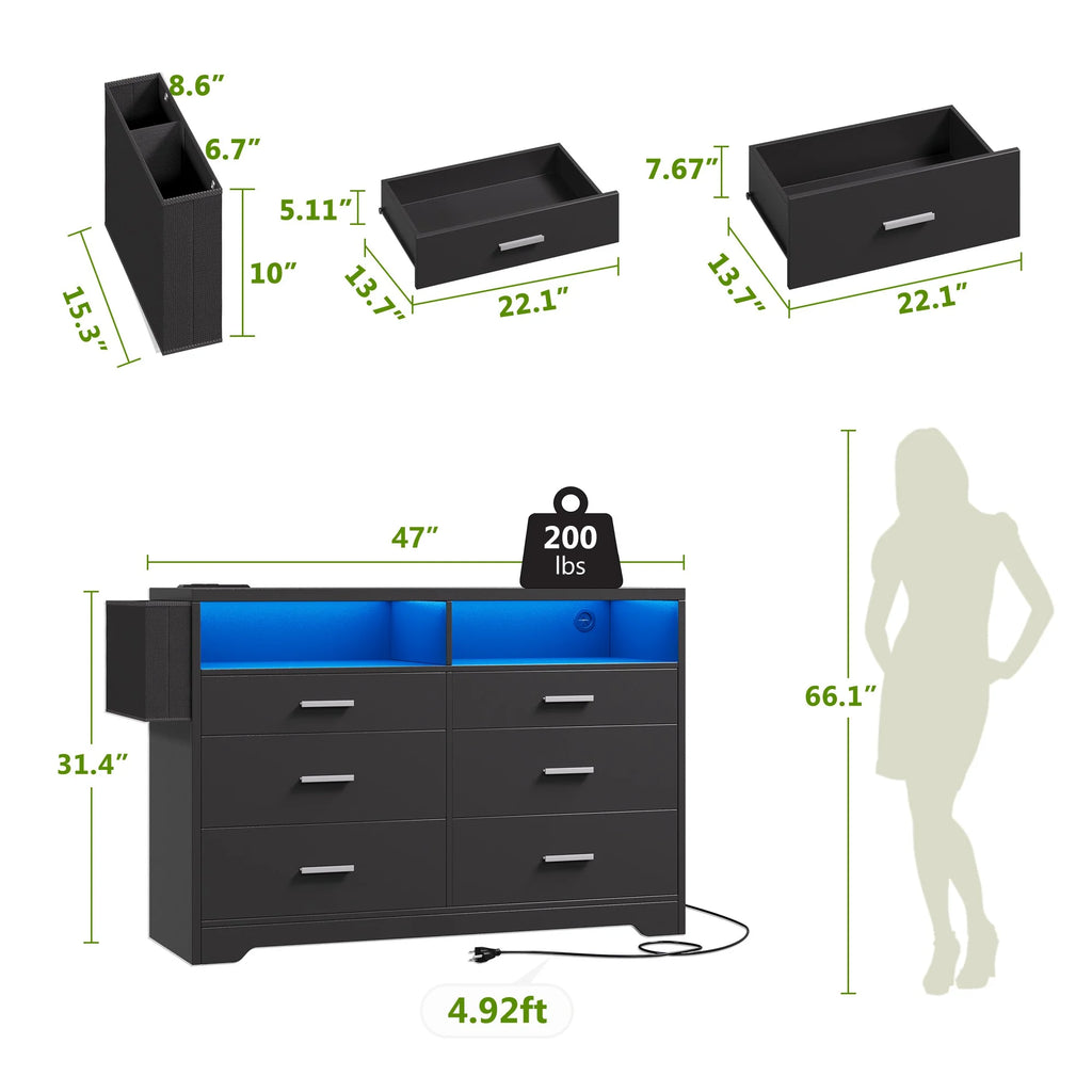 White Dresser for Bedroom,6 Drawers Dresserwith LED Lights and Charging Station, 47" Wide Bedroom Dresser Chest of Drawers Storage Organizer TV Stand for up to 55" TV for Living Room