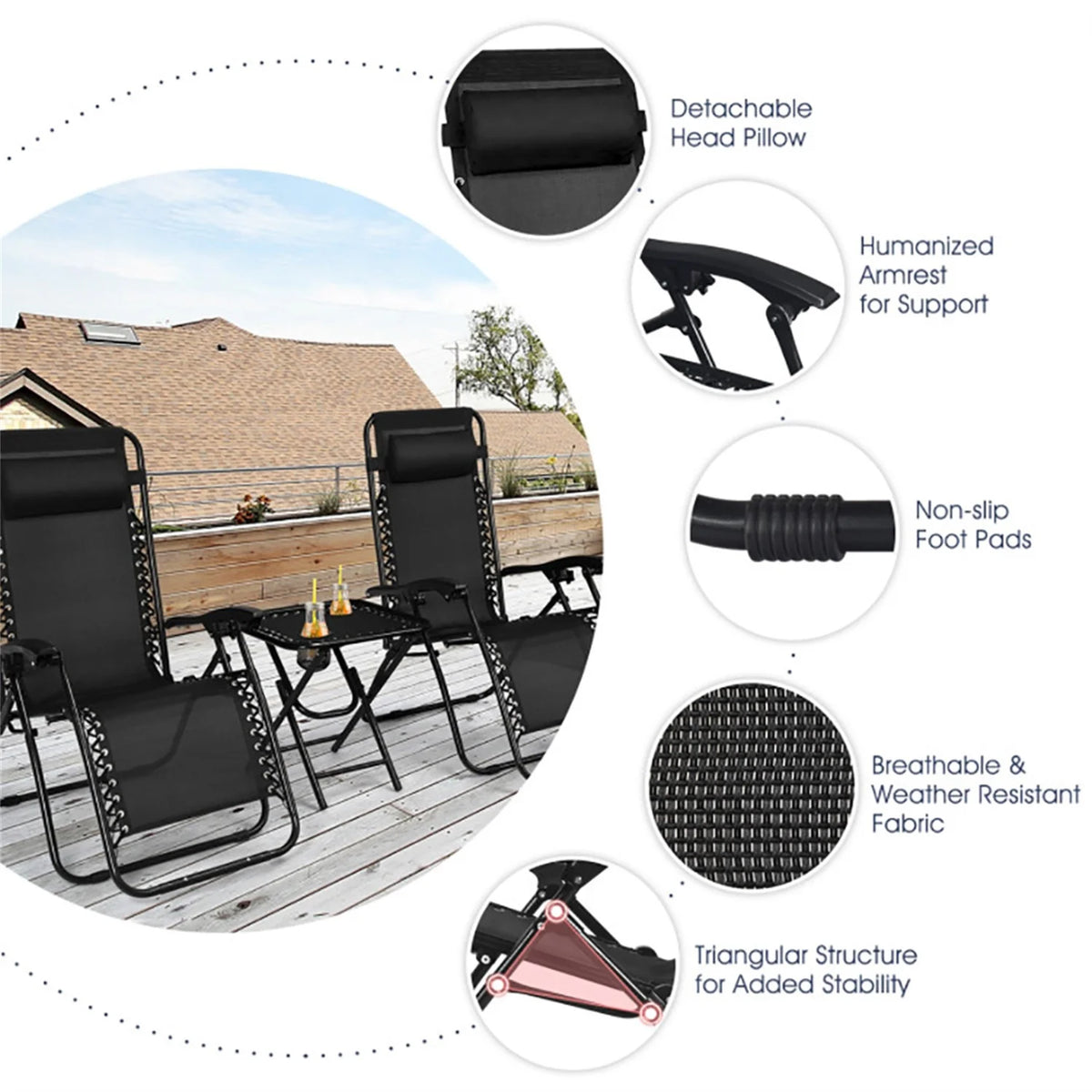 Aimee Lii 3 Pieces Folding Portable Zero Gravity Reclining Lounge Chairs Table Set, Wicker Patio Furniture