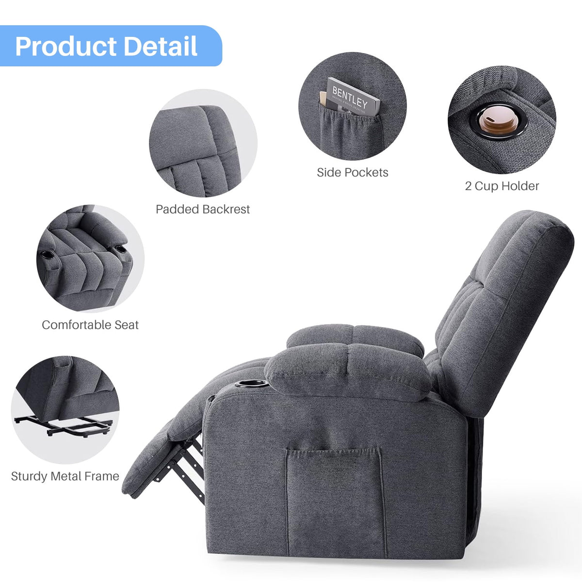 Simenmax Recliner Chair with Massage and Heating, Home Theater Seating with Lumbar Support, Adjustable Electric Power Lift Chairs, Gray