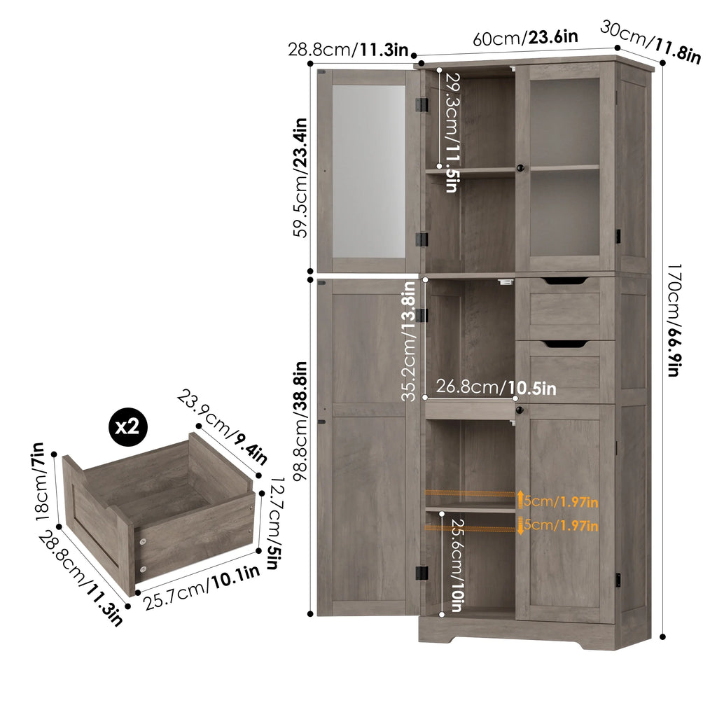 Homfa 67" Tall Bathroom Cabinet, White Linen Cabinet with Doors and Removable Drawers, Kitchen Cupboard